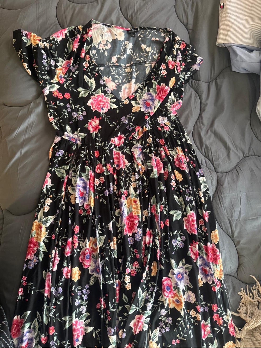 torrid Black Floral V-Neck Midi Dress with Pink, Purple & Yellow Blooms